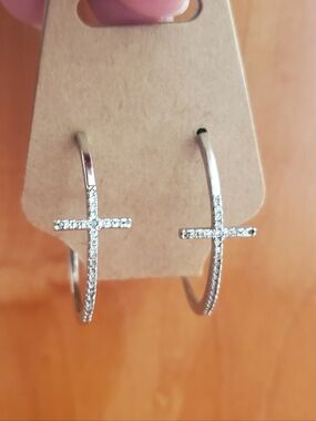Sterling Silver Crystal Cross Hoop Earrings - Silver